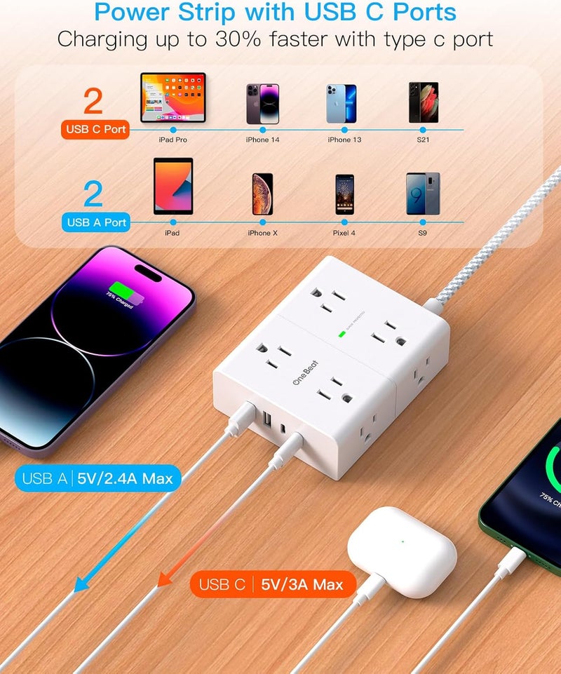 One Beat 25Ft Extension Cord with Multiple Outlets, Flat Plug Power Strip Surge Protector 25 Ft Long Cord, 8 Outlet 4 USB Ports (2 USB C), Multi Outlet Wall Plug for Office, College, Dorm Room Essentials - Image 4